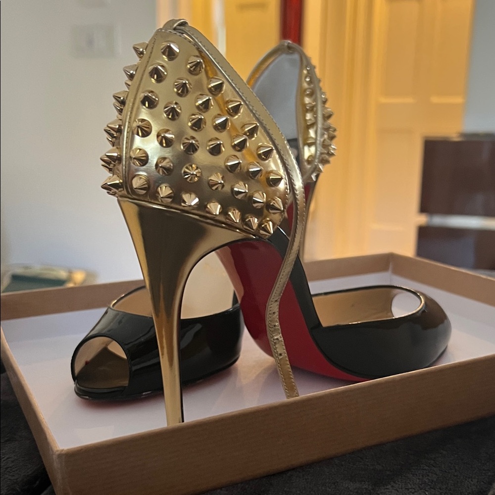 Christian Louboutin Gold and Black Studded Heels